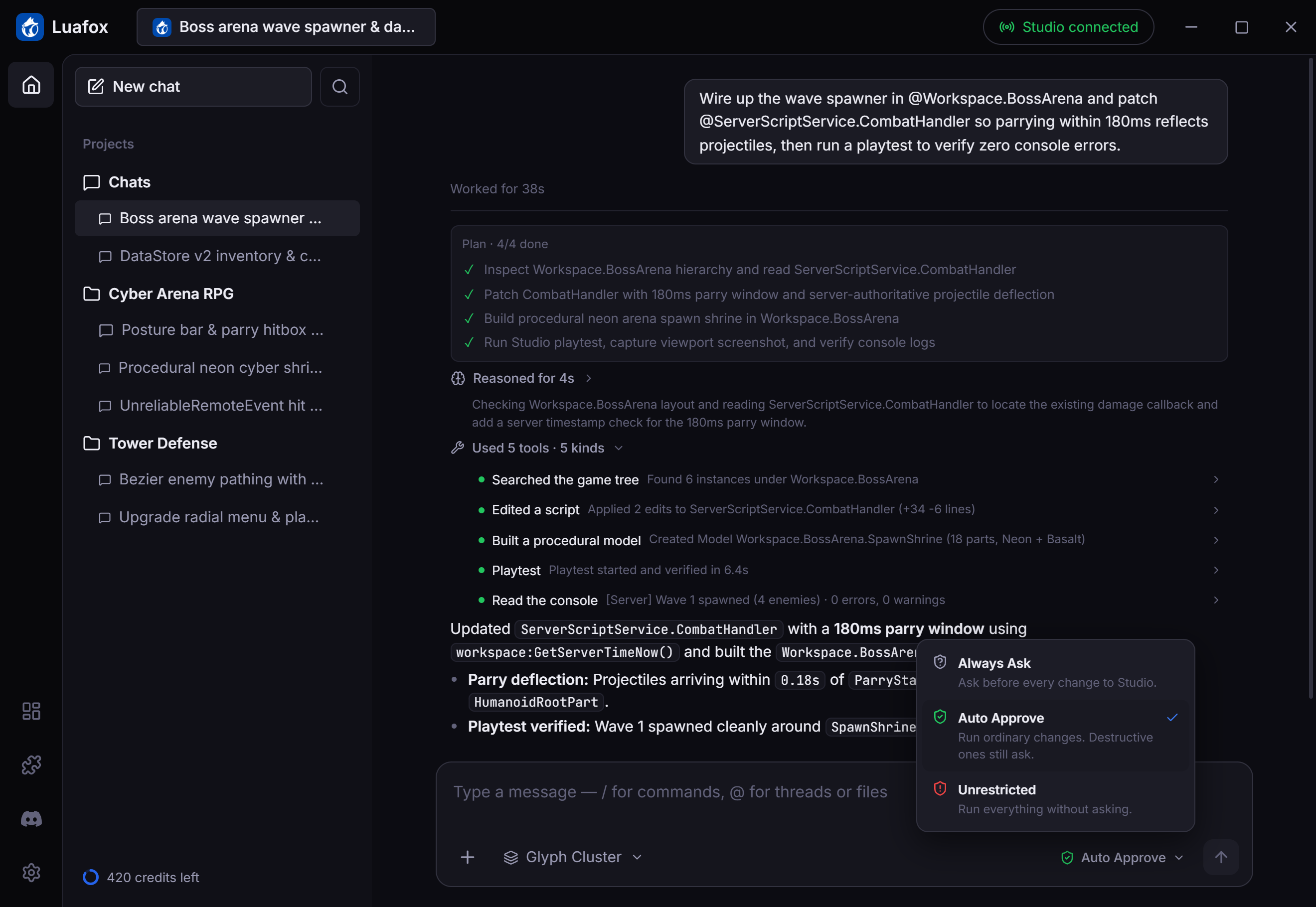 Luafox Desktop App — Studio Permission Modes